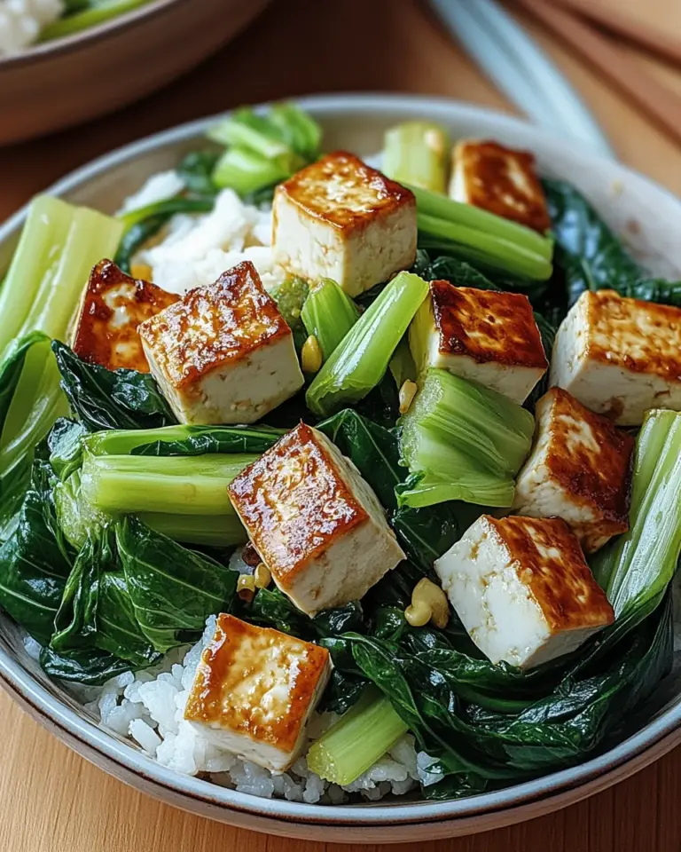 Gebratener Pak Choi mit knusprigem Tofu und Reis