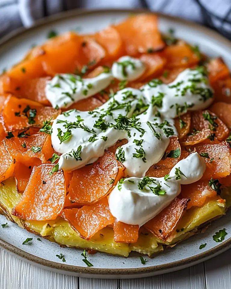 Knusprige Kartoffelgalette mit Räucherlachs und Crème Fraîche