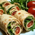 Vegetarische Wrap-Röllchen mit Rucola und Tomaten