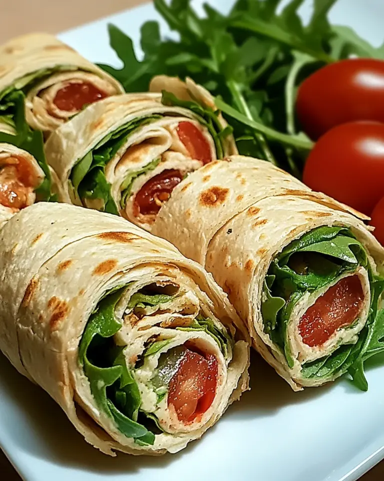 Vegetarische Wrap-Röllchen mit Rucola und Tomaten