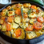 Vegetarischer Kartoffelauflauf mit Zucchini, Karotten und Zwiebeln