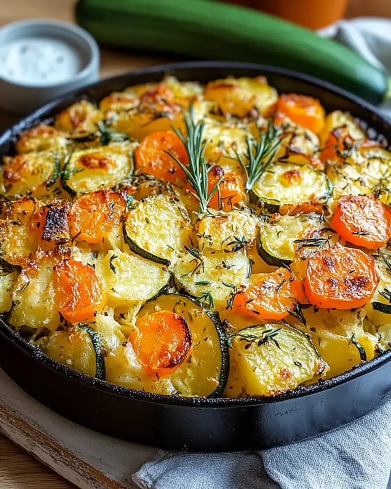 Vegetarischer Kartoffelauflauf mit Zucchini, Karotten und Zwiebeln