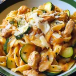 Zucchini Parmesan Pasta mit Hähnchen und Pinienkernen