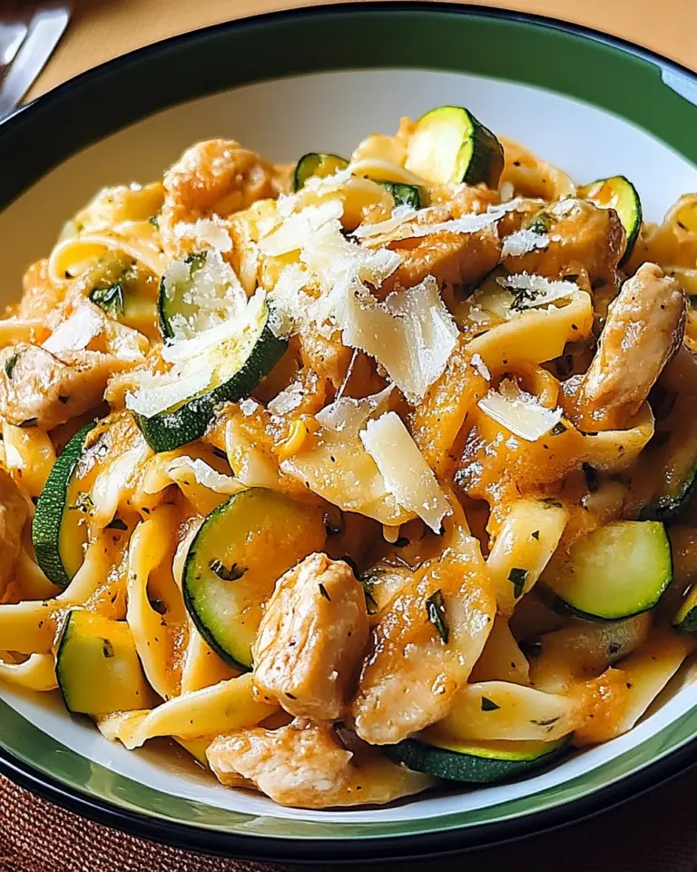 Zucchini Parmesan Pasta mit Hähnchen und Pinienkernen