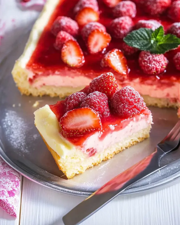 Erdbeerkuchen vom Blech mit Schmand & Pudding