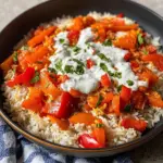 Paprika-Reis-Pfanne mit Joghurtsoße - schnell & vegetarisch