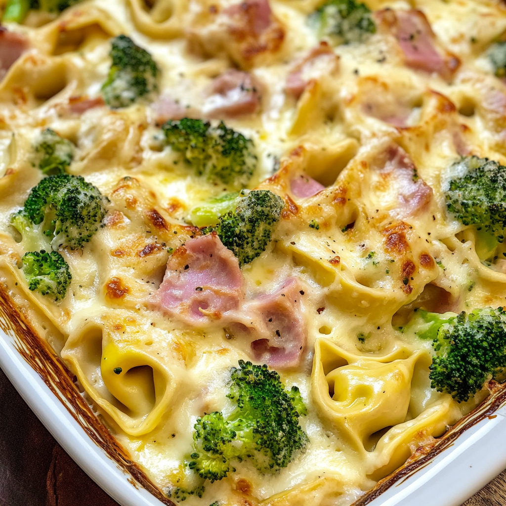 Tortellini Auflauf mit Käse-Sahne-Soße, HähnchenHähnchenschinken & Brokkoli
