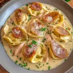 Tortellini alla panna mit HähnchenHähnchenschinken-Sahne-Soße